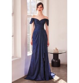 Off the shoulder fitted glitter gown T62504