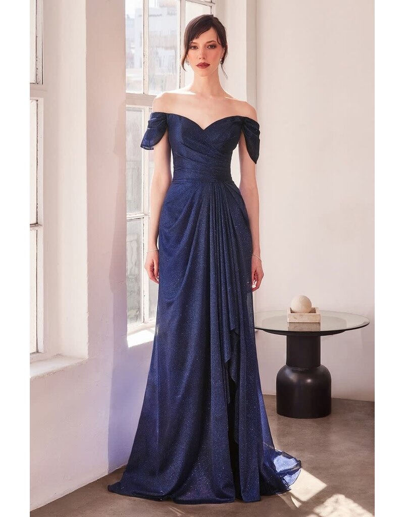 Off the shoulder fitted glitter gown T62504