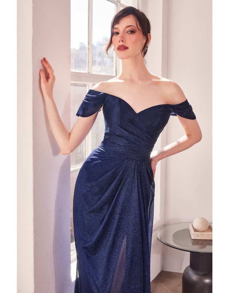 Off the shoulder fitted glitter gown T62504