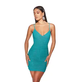 Spaghetti strap v-neck beaded rouched fitted gown 482535