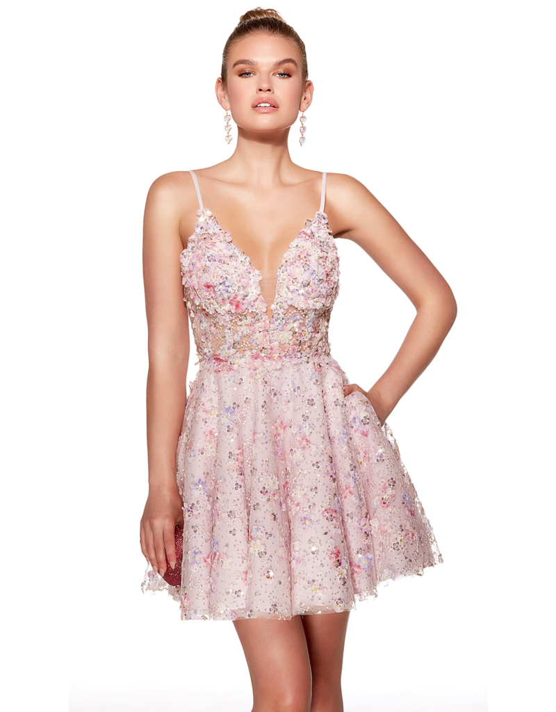 Spaghetti strap 3D floral a-line gown 3025017