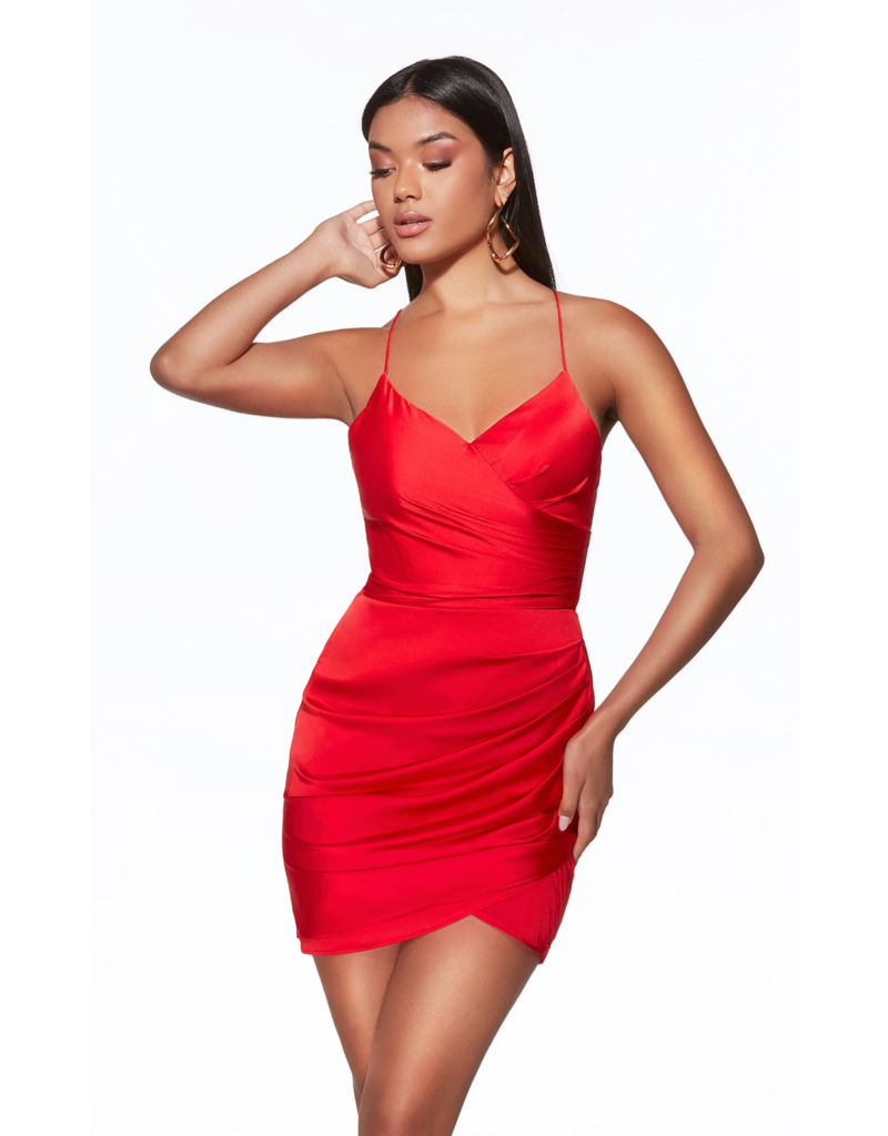 Stretch satin spaghetti strap rouched gown 4025099