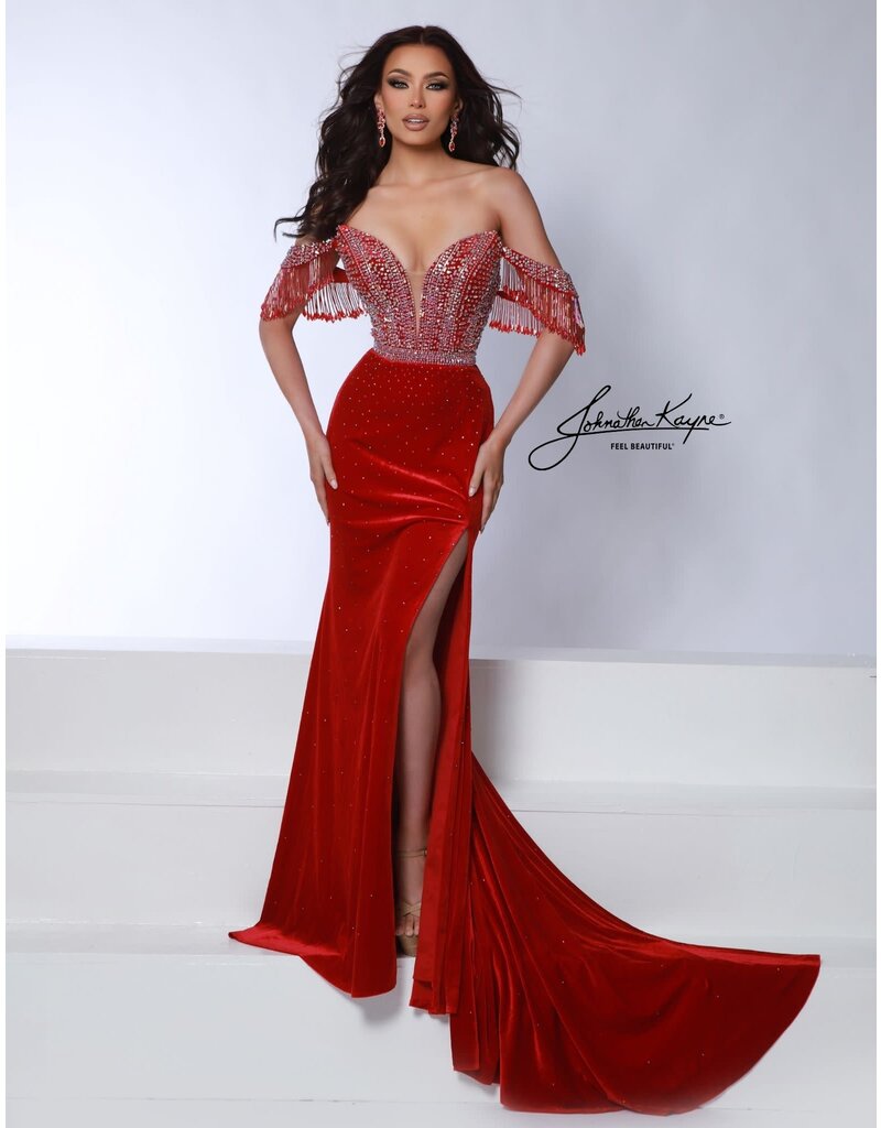 Off the shoulder beaded fringe and bodice velvet fitted gown 3067
