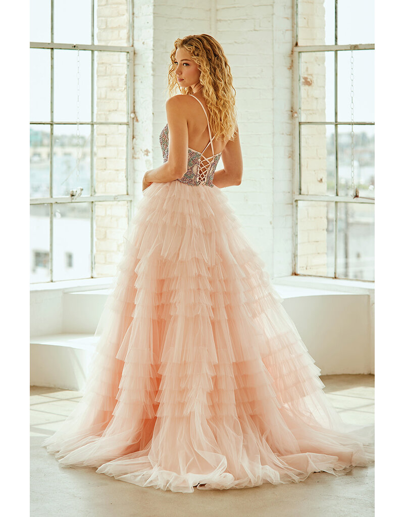 AMELIA COUTURE Spaghetti strap beaded bodice ruffle ballgown SU25096