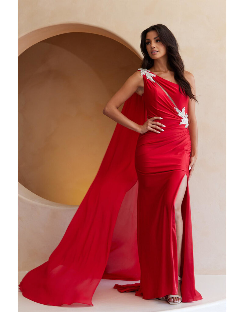 AMELIA COUTURE One shoulder fit & flare gown w/cape 702556