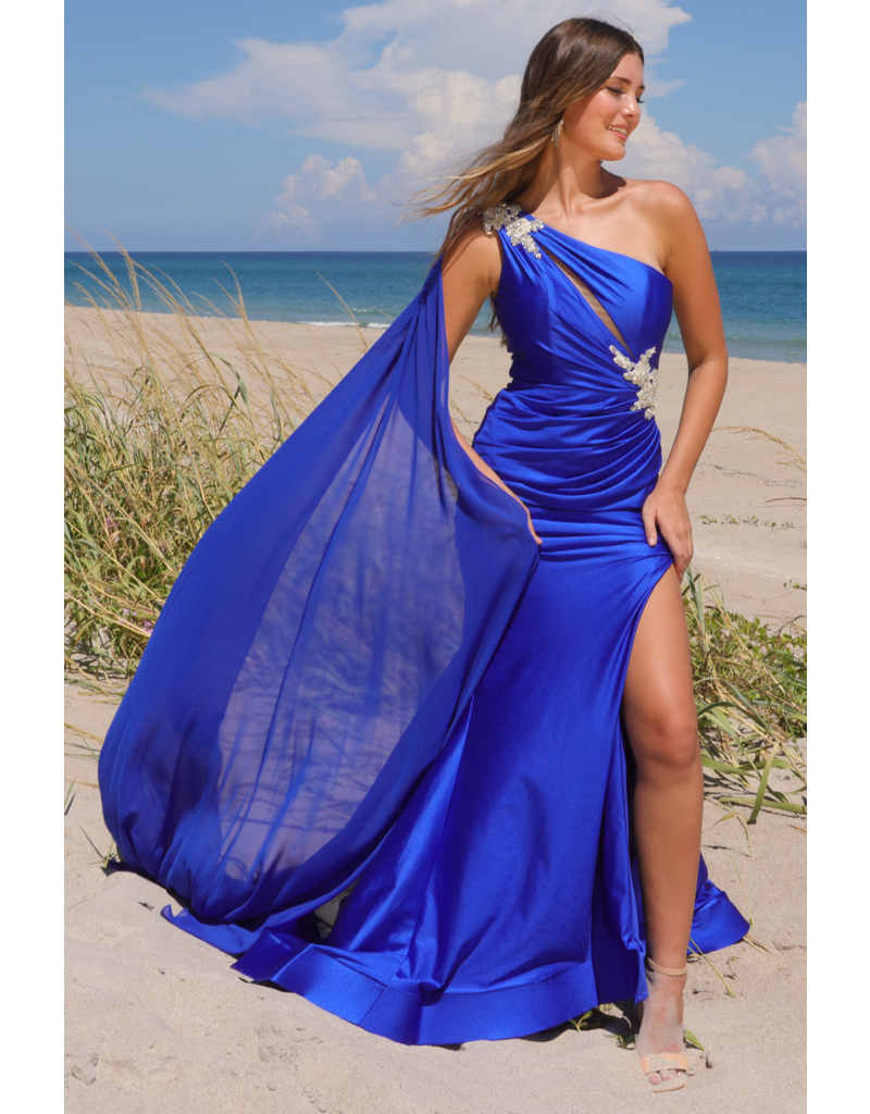 AMELIA COUTURE One shoulder fit & flare gown w/cape 702556