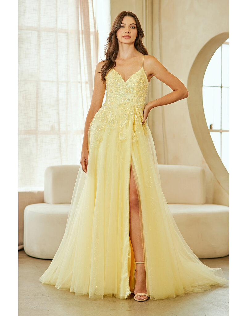 AMELIA COUTURE Spaghetti strap lace beaded bodice a-line w/slit 902579