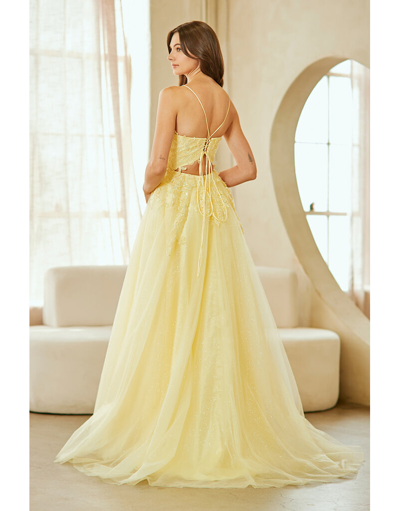 AMELIA COUTURE Spaghetti strap lace beaded bodice a-line w/slit 902579