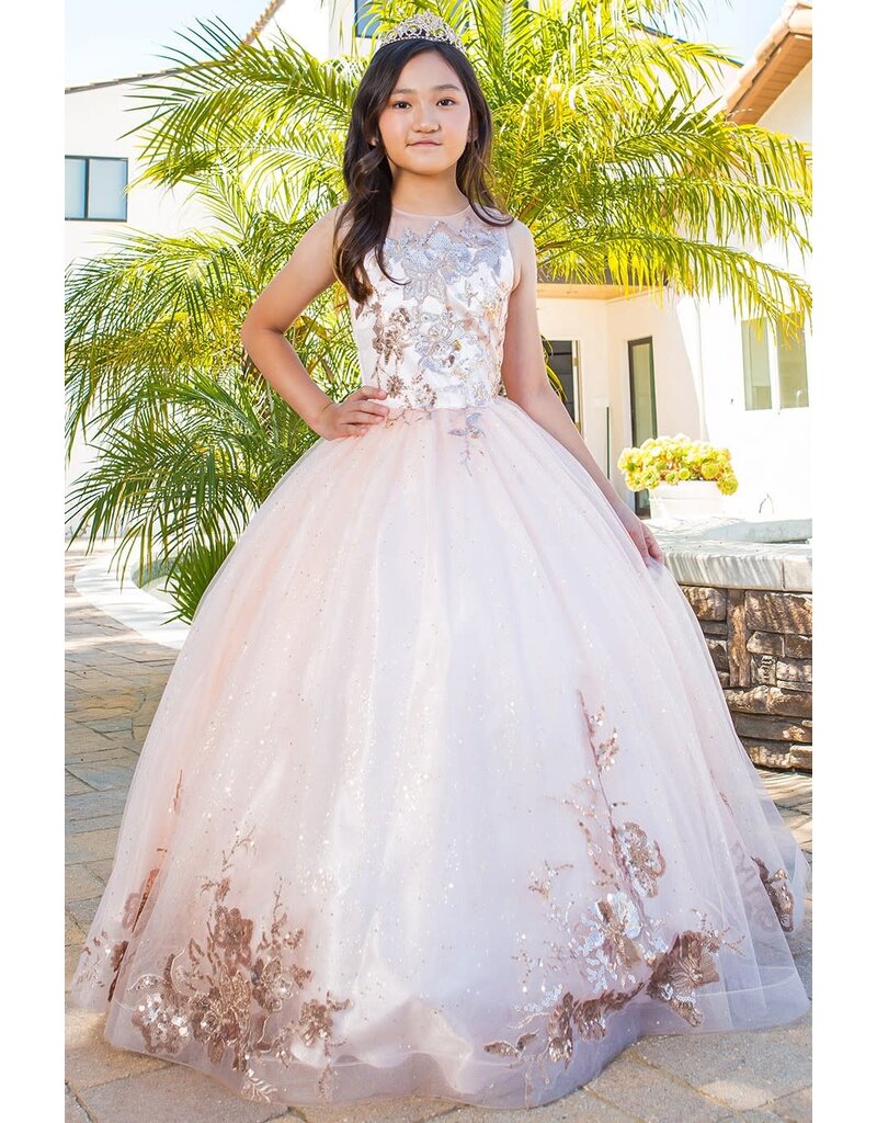 Gold applique long tulle dress 5118