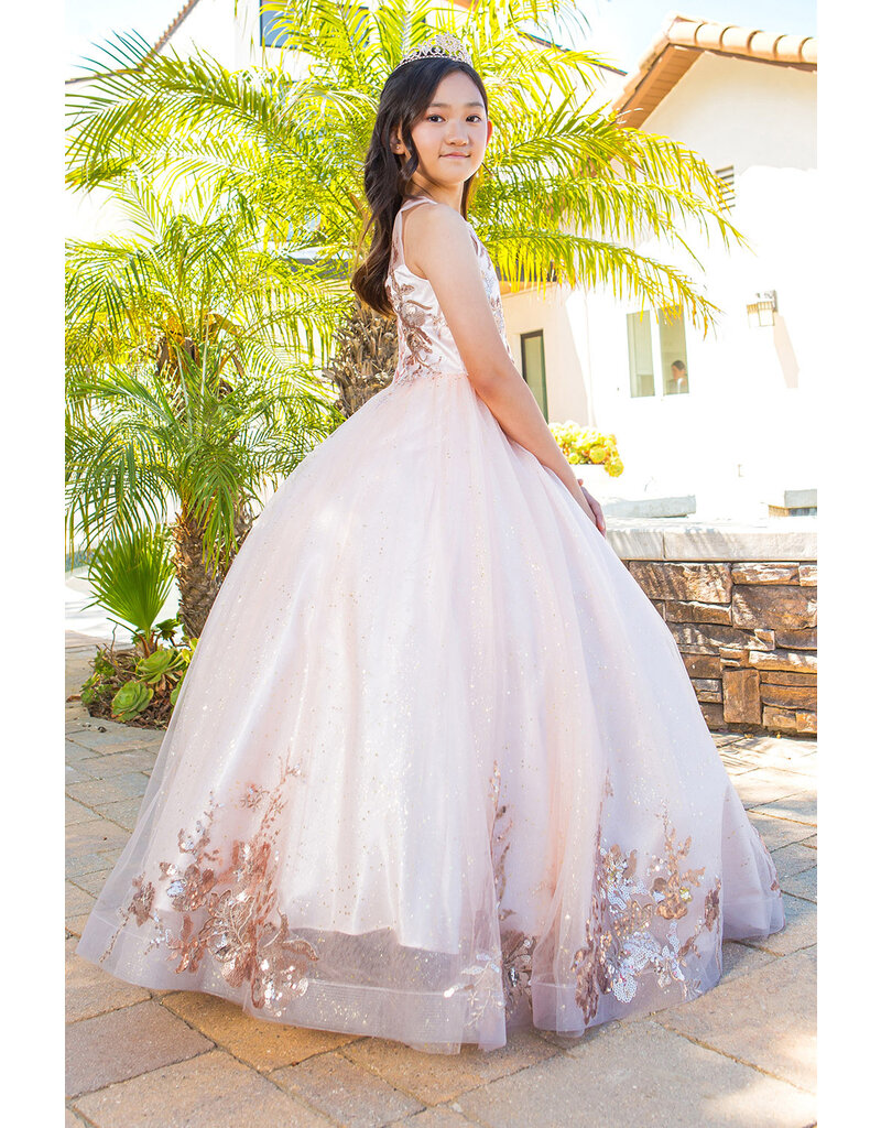Gold applique long tulle dress 5118