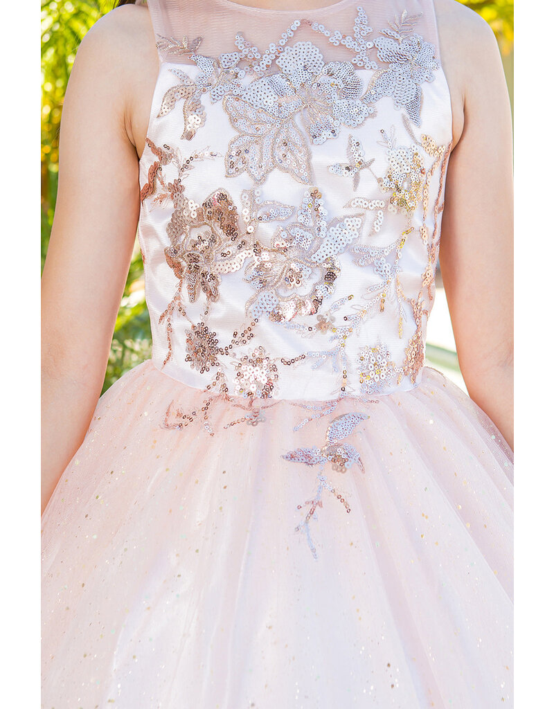 Gold applique long tulle dress 5118
