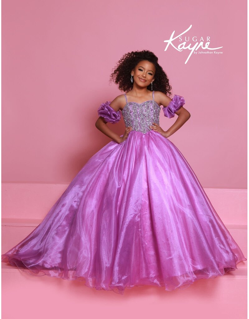 Sugar Kayne Beaded bodice glitter organza ballgown w/puff sleeves C359