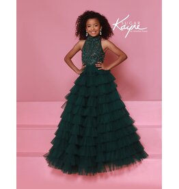 Sugar Kayne Beaded High Neck Tulle Ruffle Ballgown C387