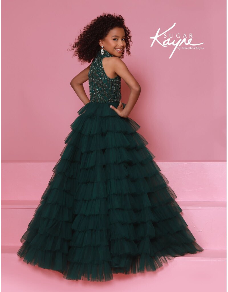 Sugar Kayne Beaded High Neck Tulle Ruffle Ballgown C387
