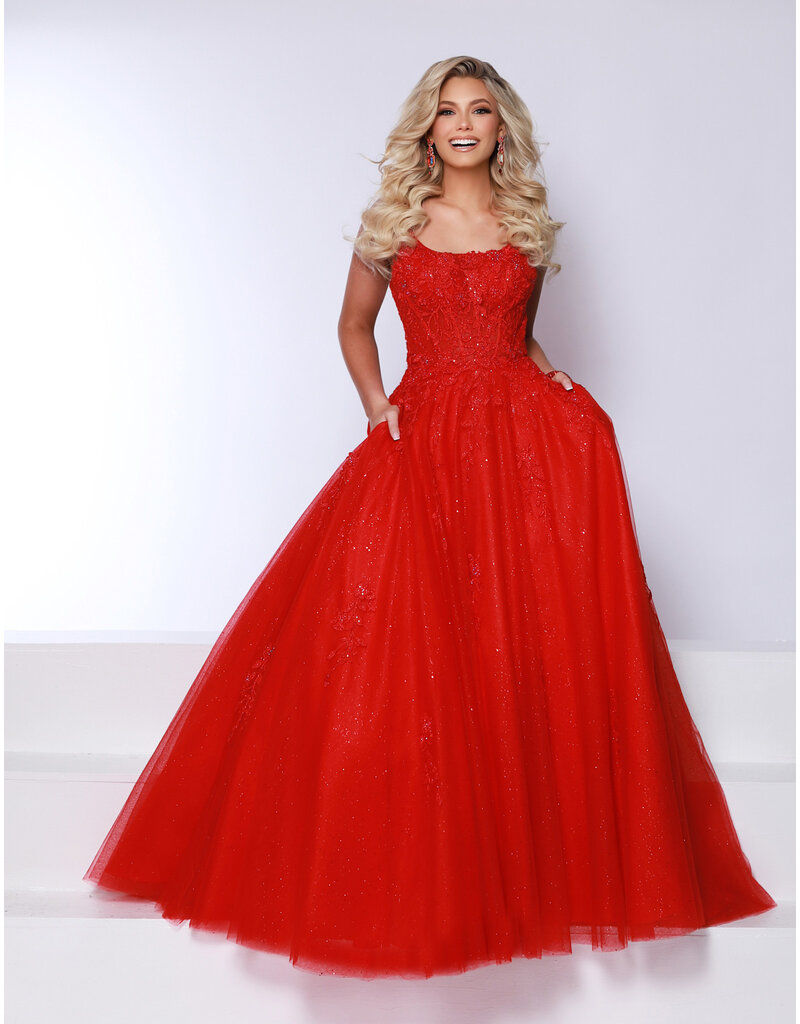 LYDA Lace Ballgown, scoop neckline, Lace up back, 90005