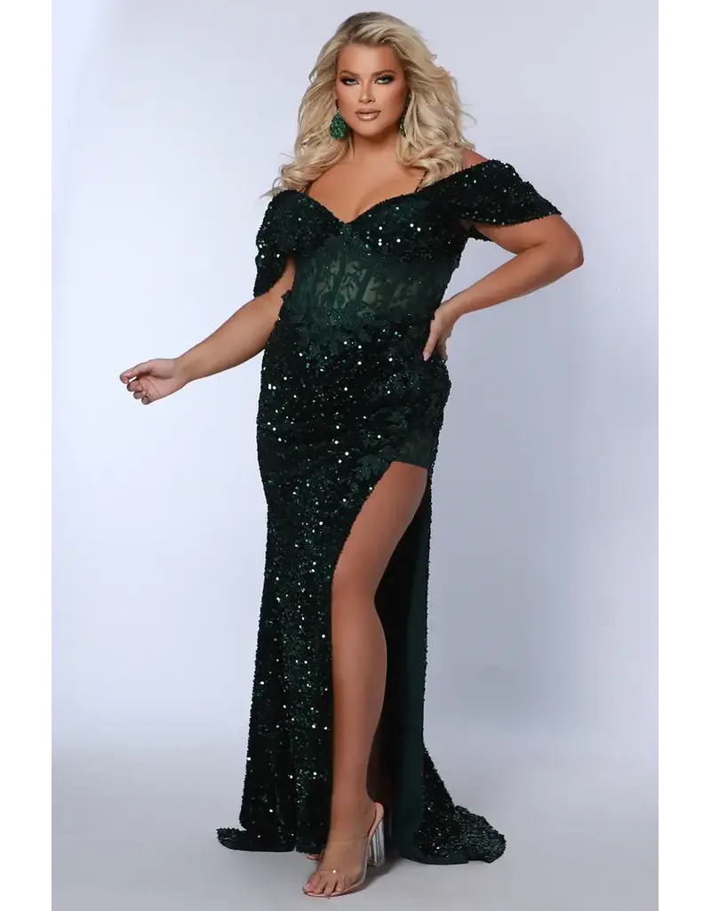 Fitted sequin corset lace off the shoulder bodice gown 2511