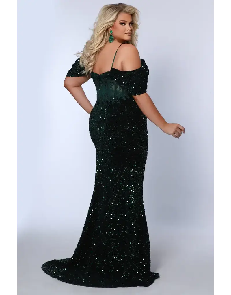 Fitted sequin corset lace off the shoulder bodice gown 2511