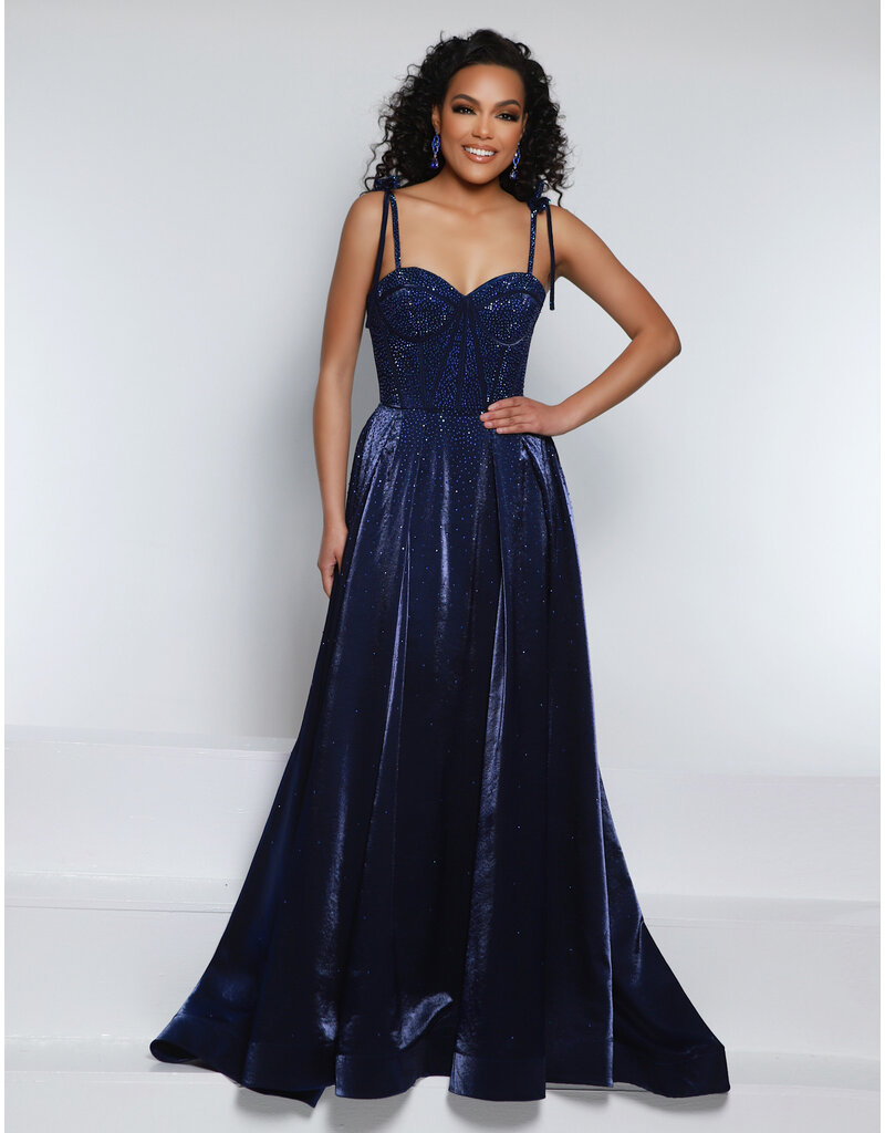 Bow strap beaded corset bodice A-line gown 25715