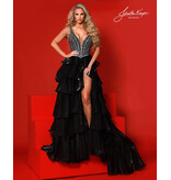 Beaded Bodice Crystal organza ruffle ballgown w/slit 3309