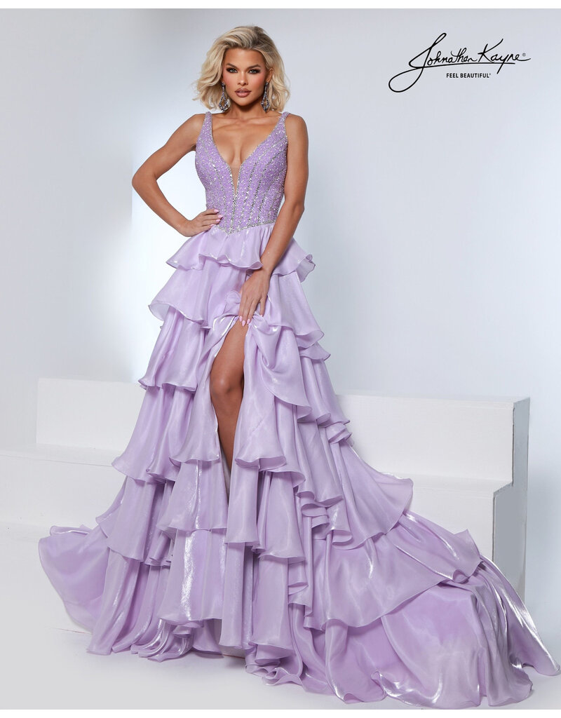 Beaded Bodice Crystal organza ruffle ballgown w/slit 3309