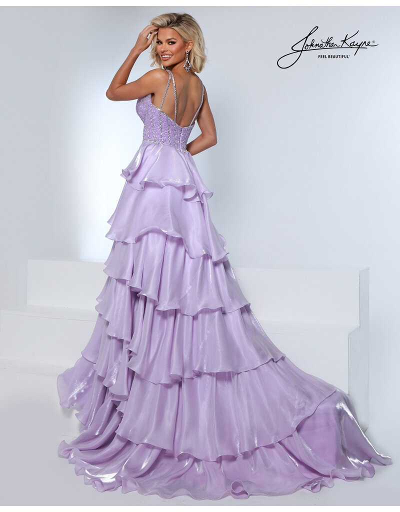 Beaded Bodice Crystal organza ruffle ballgown w/slit 3309