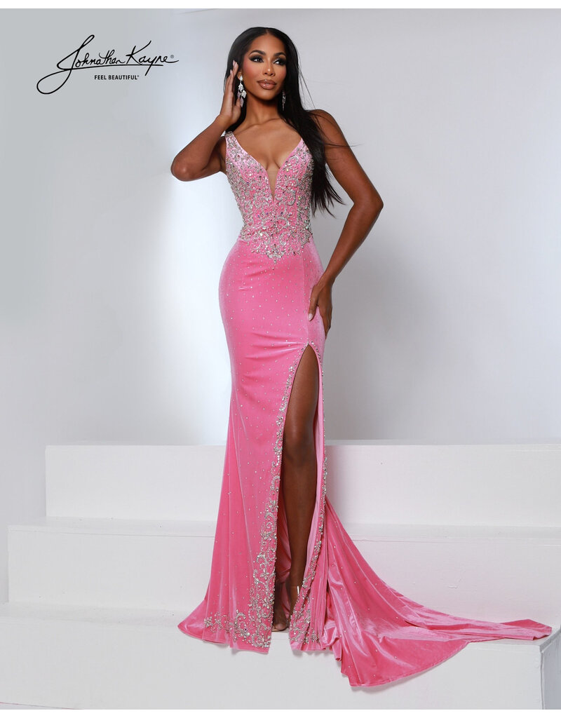 Beaded tank bodice velvet fitted gown w/slit 3225