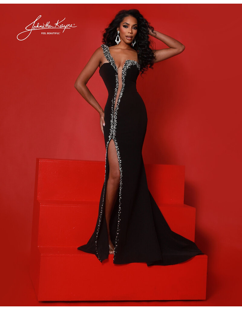 One shoulder beaded v-neck w/leg slit 3257