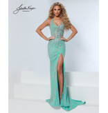 Beaded halter lace up back gown w/slit 3266