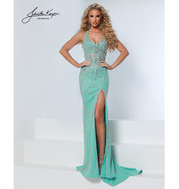 Beaded halter lace up back gown w/slit 3266
