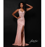 Beaded halter lace up back gown w/slit 3266