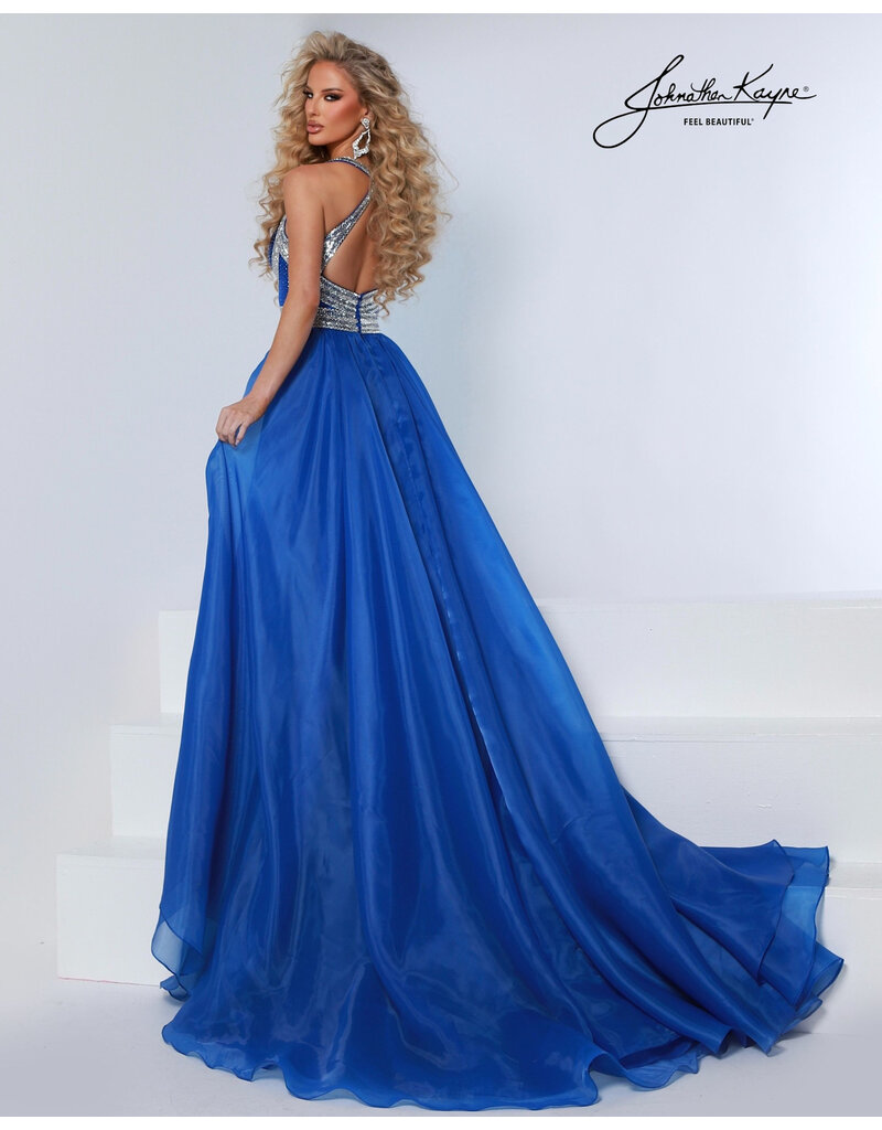 Beaded Halter natural waist fitted gown w/overskirt 3206