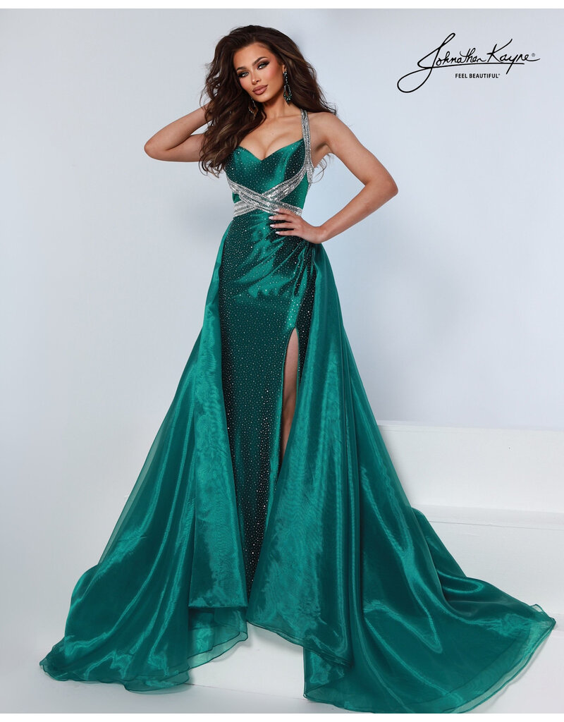 Beaded Halter natural waist fitted gown w/overskirt 3206