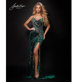 Strapless beaded velvet gown w/slit 3208