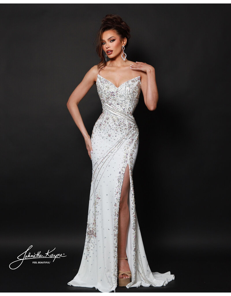 Strapless beaded velvet gown w/slit 3208
