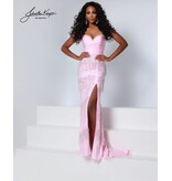 Strapless fitted fringe skirt gown w/leg slit 3305