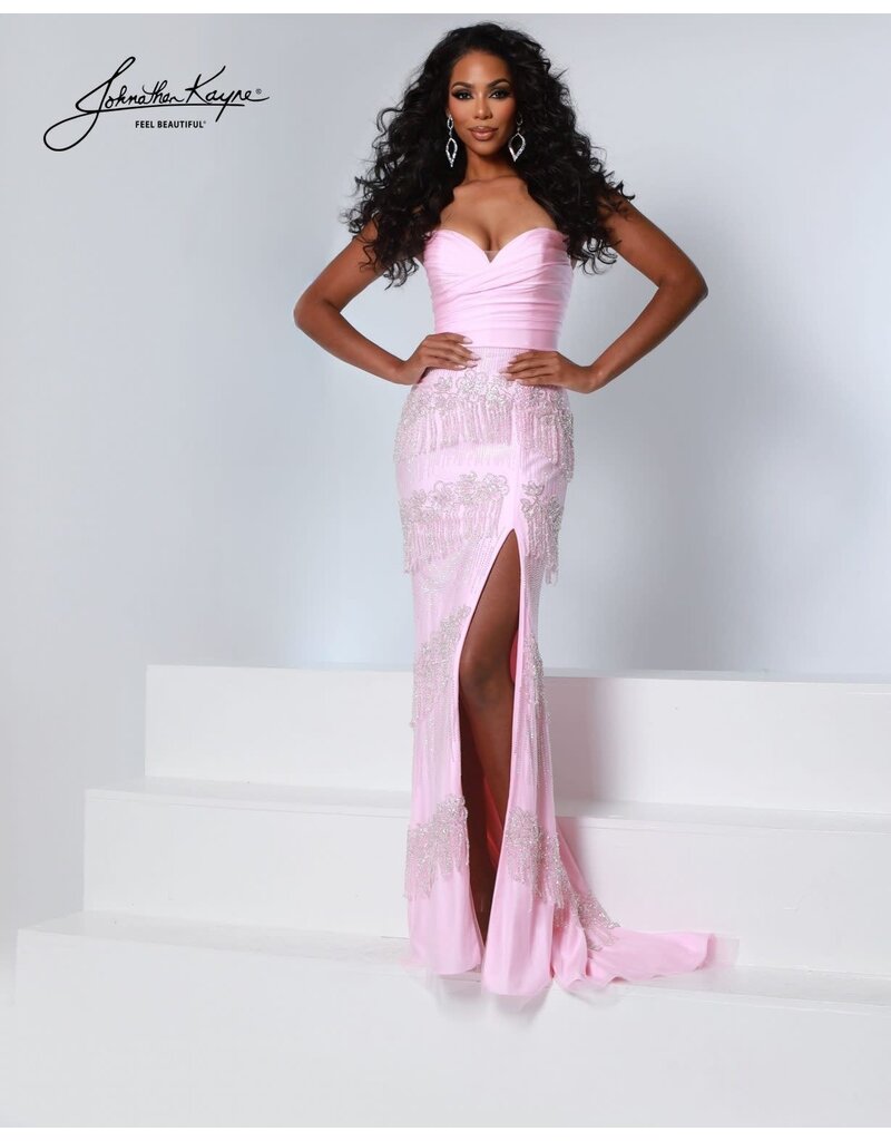 Strapless fitted fringe skirt gown w/leg slit 3305