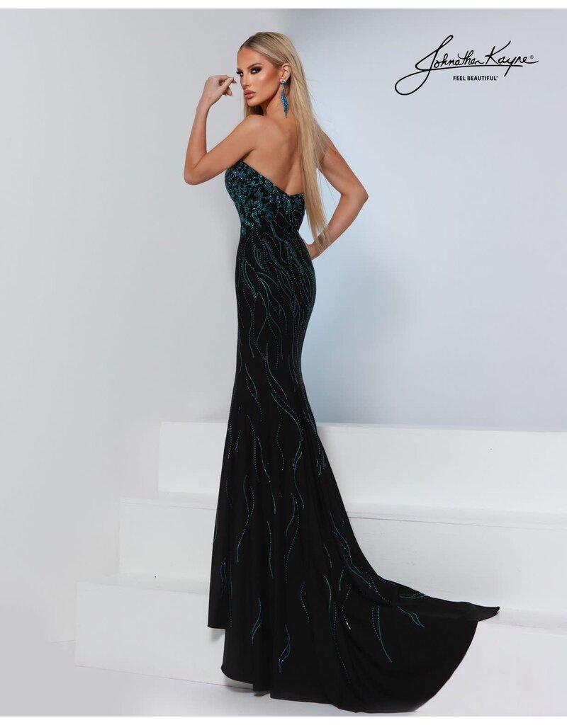 Strapless beaded bodice fitted gown w/leg slit 3316