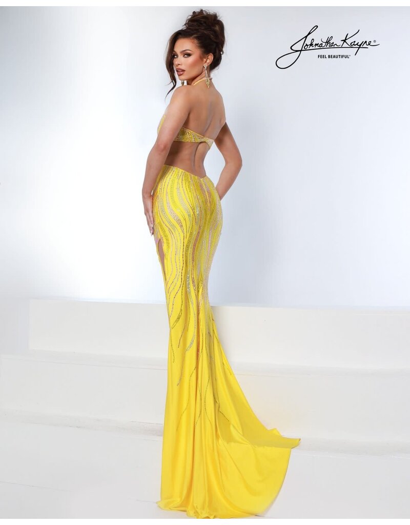 Beaded cut out bodice fitted gown w/leg slit 3222