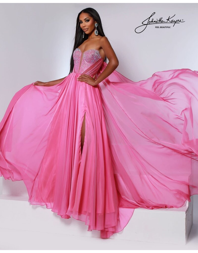 Strapless beaded corset chiffon gown w/slit 3221