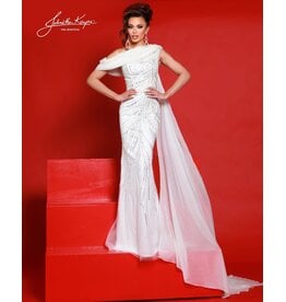 Beaded one shoulder cape fitted gown 3260