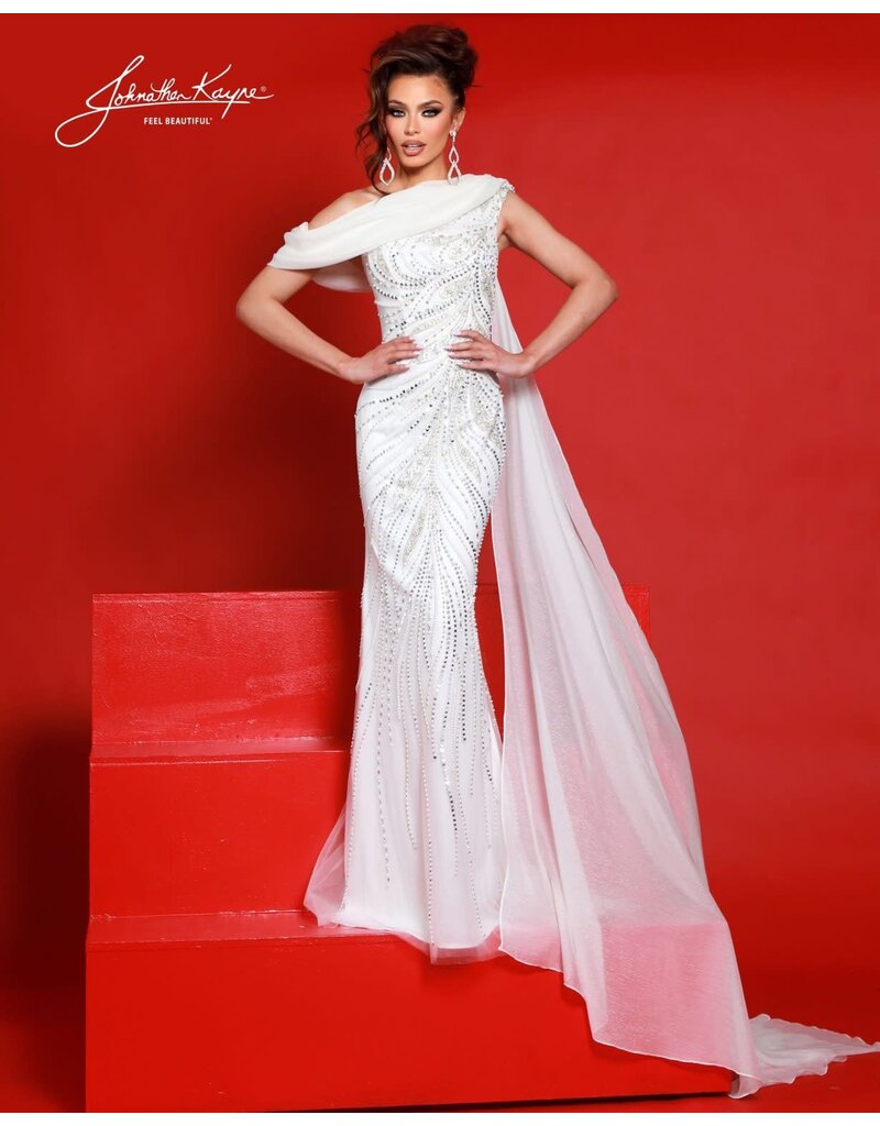 Beaded one shoulder cape fitted gown 3260