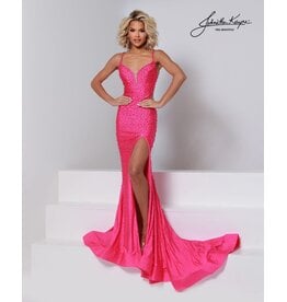 Pearl beaded fitted v-neck gown w/slit 3210