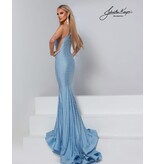 Pearl beaded fitted v-neck gown w/slit 3210