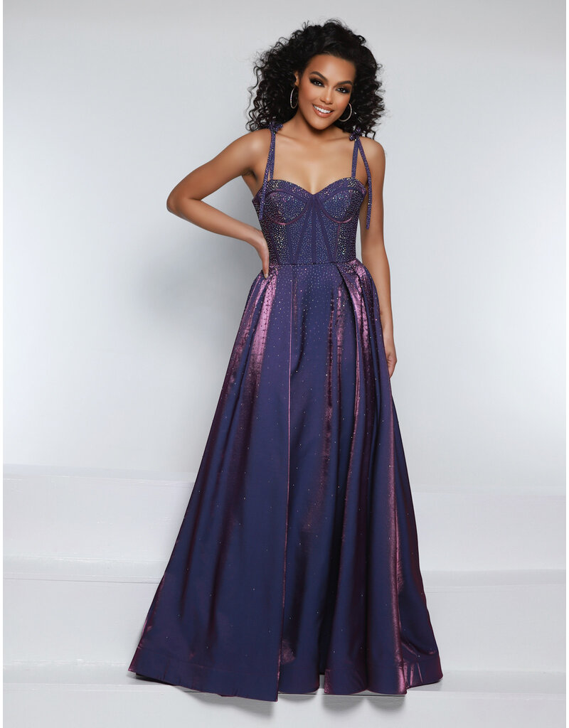 Bow strap beaded corset bodice A-line gown 25715