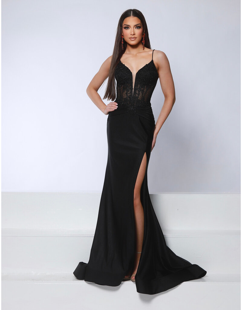 KATE PARKER Spaghetti strap jersey lace corset bodice fitted gown 26034