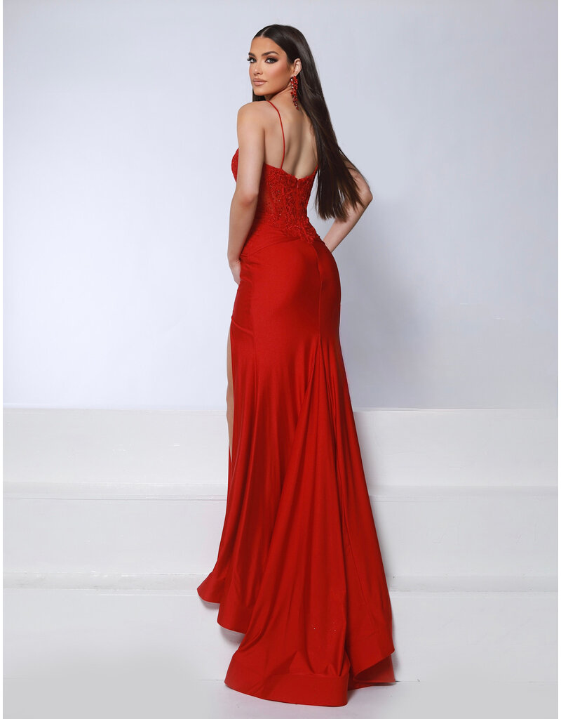 KATE PARKER Spaghetti strap jersey lace corset bodice fitted gown 26034