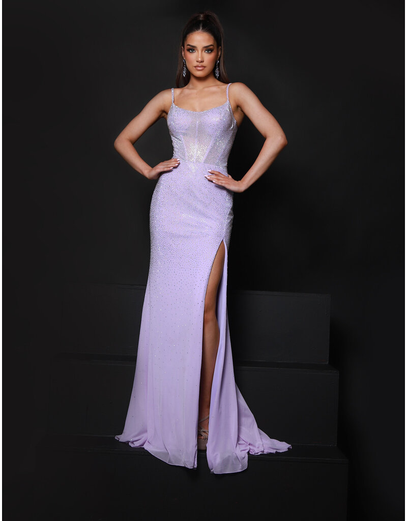 KATE PARKER Fully beaded fitted gown w/leg slit 26087