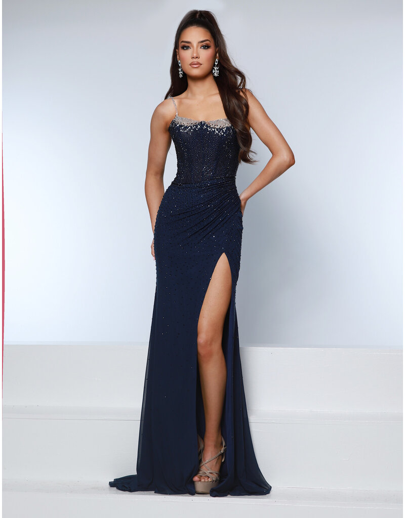 KATE PARKER Beaded corset bodice fitted gown w/leg slit 26088