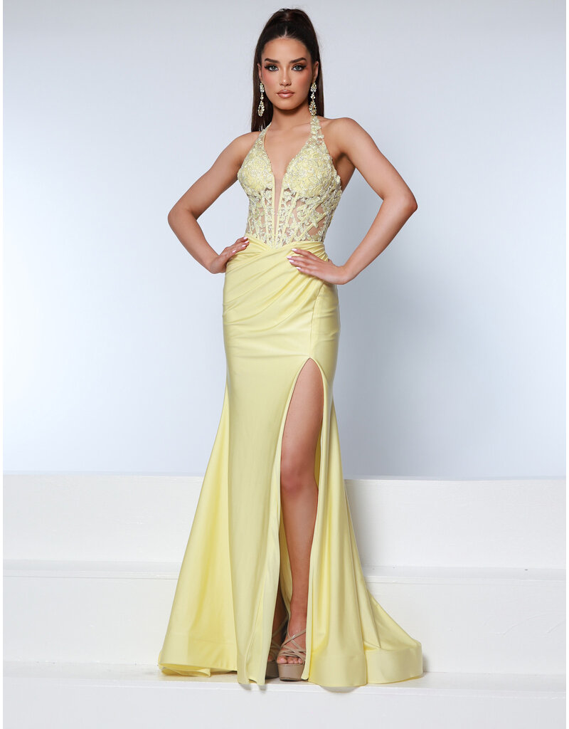 KATE PARKER Lace corset halter fitted jersey gown 26269