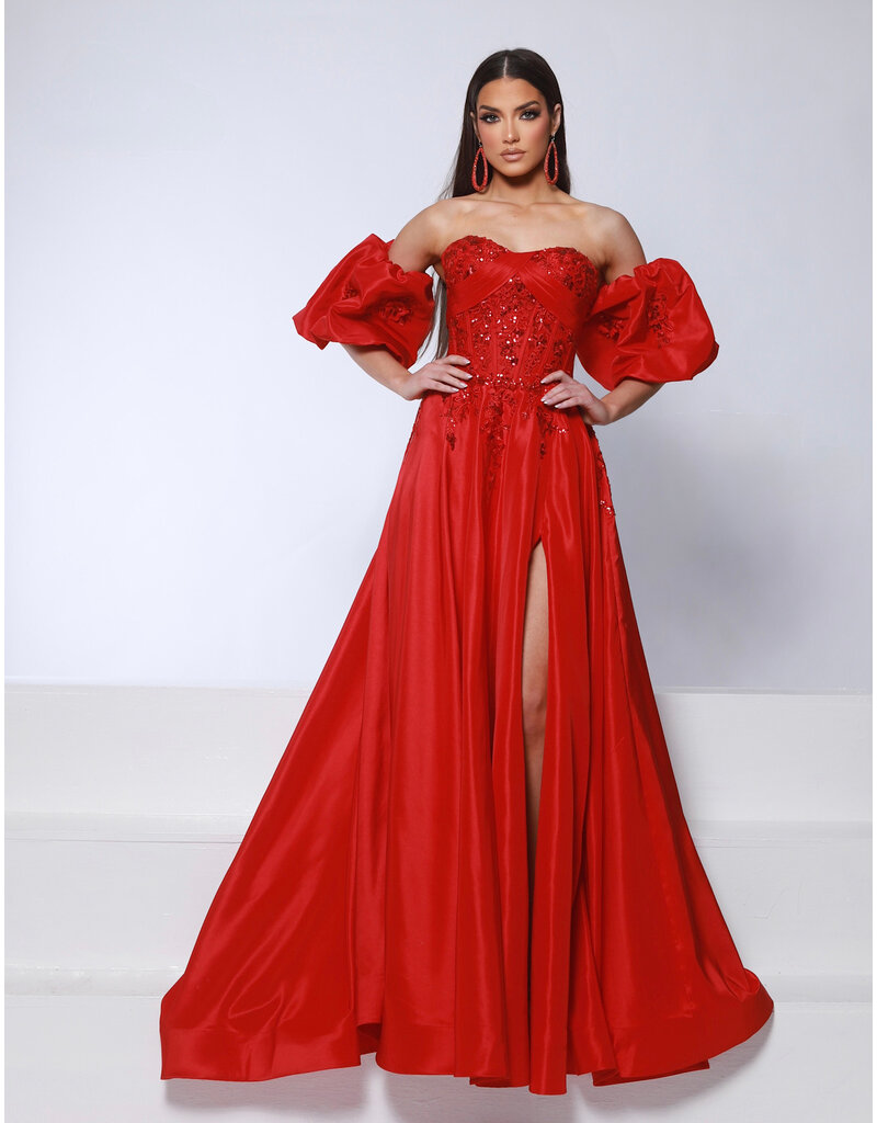 KATE PARKER Strapless lace bodice a-line gown w/puff sleeves 26035